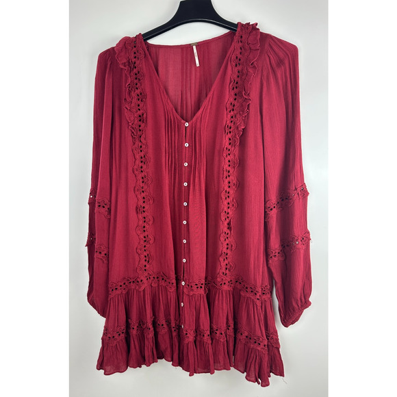 Free People Snow Angel Mini Dress XS Burgundy Feminine Boho Romantic Ethereal - Picture 14 of 15